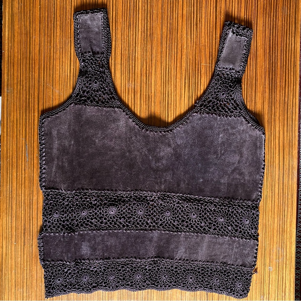 Vintage Y2K Gantos Leather/Suede Knit Crochet Lace Sleevleless Tank Top Brown